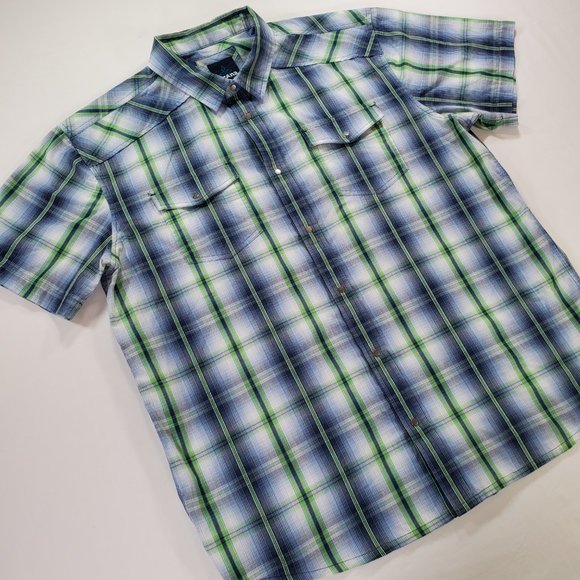 Prana Shirt Men XL Blue Green Madras Plaid Silver Snap Casual Button Up Western - Picture 5 of 15